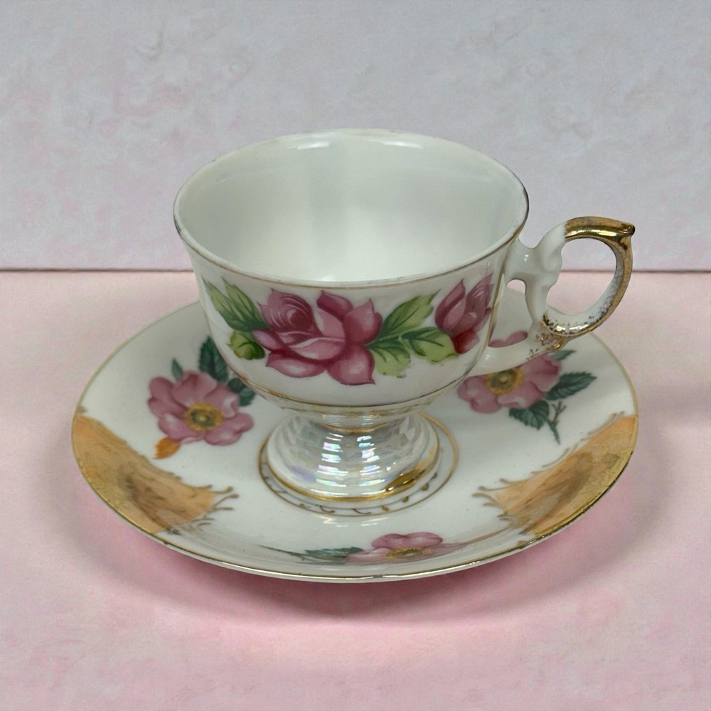 Demitasse Tea‎ Cup Saucer Set Porcelain Lusterware Flower Japan Gold Iridescent